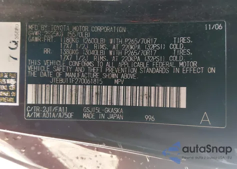 2007 Toyota Fj Cruiser z USA, uszkodzony, nr VIN JTEBU11F270061815